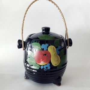 Vintage Glossy Black Japanese Three Footed Bisquit Jar with Lid